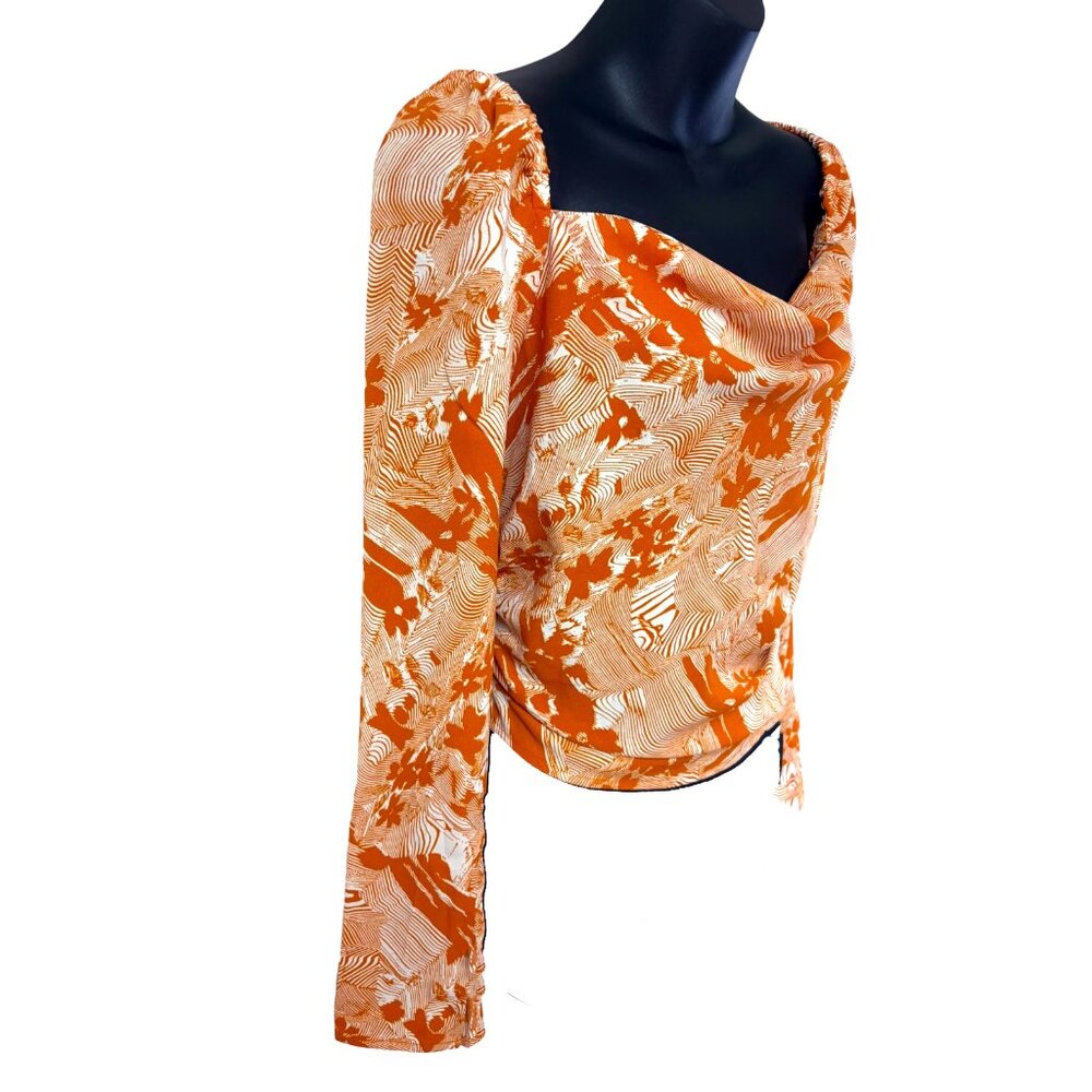 NORDSTROM OPEN EDIT Orange Floral Off Shoulder Smocked Square Neck Top Small‎ - Picture 8 of 9